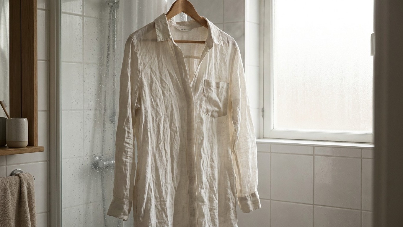 Enrollé mi vestido camisero de lino bien apretado en la maleta solo para ganar sitio: al colgarlo en el baño con vapor, ya...